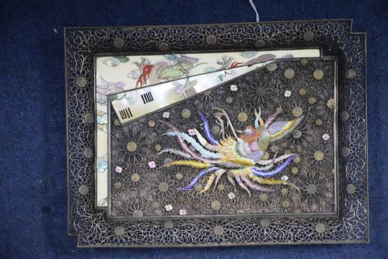 A Japanese silver, shibayama and cloisonne enamel tray, Meiji period, W. 27.5cm, small repairs